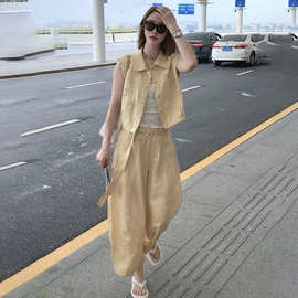 春夏款卡其色工装风马甲阔腿裤运动套装女2026新款夏季两件套女装