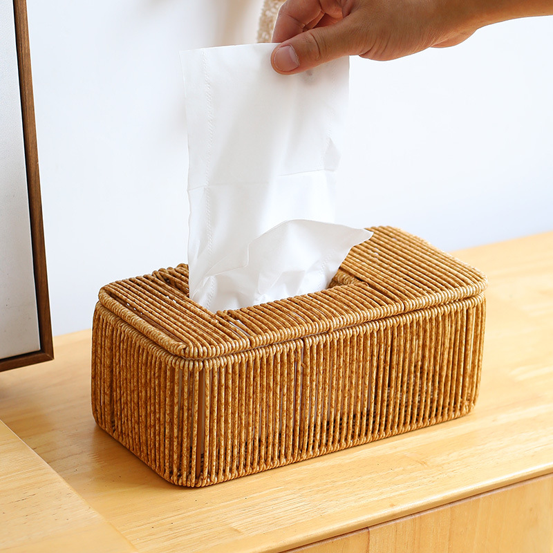 Caja de pañuelos de papel simple japonesa, caja de almacenamiento de pañuelos de ratán, mesa de centro de sala de estar para el hogar tejida a mano, caja de dibujo para coche