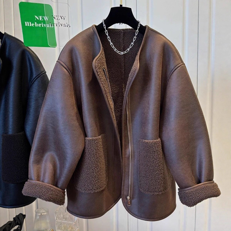 Super Nice Zipper Fur Splicing One-Piece Round Neck Jacket for Women 2025 Autumn and Winter Popular Top Warm and Casual