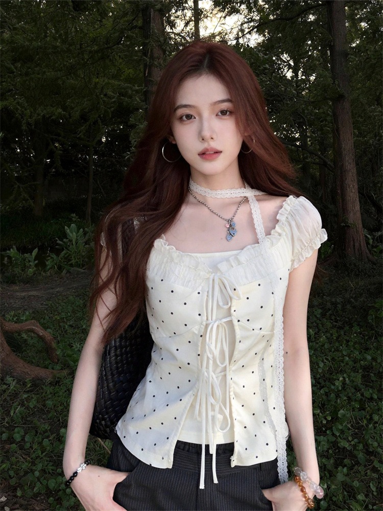 210g 40-count pure cotton sweet style lace patchwork polka dot off-shoulder T-shirt for women, summer hot girl style fake two-piece top