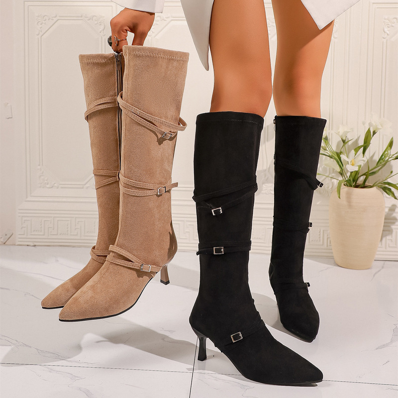 Suede Metal Buckle Strap 2025 New Export Cross-Border Pointed Toe Stiletto Versatile Elegant High-Heeled Personalized Fashion Boots