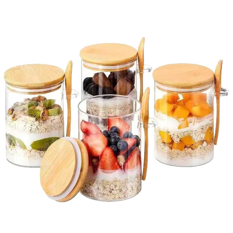 Transfronterizo transparente redonda cubierta de bambú lata de vidrio con cucharas de bambú almacenamiento de cocina barro de queso de trigo barro a prueba de humedad lata de sellado de cilindro recto