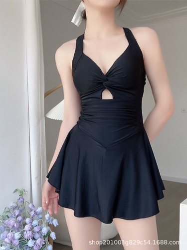  New Swimsuit Women's One-piece Skirt Style Small Breast Fresh Gathered Large Size Conservative Slim Belly Covering Hot Spring Square Angle
