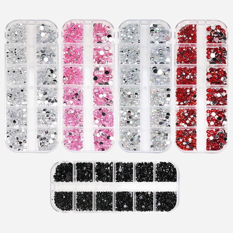 Nail art jewelry 12 grid rhinestone acrylic diamond silver white AB red size mixed resin flat nail decoration