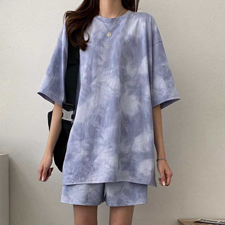 Blue foreign trade shorts special cute round neck two-piece set summer 2024 new short sleeve casual sportswear suit women