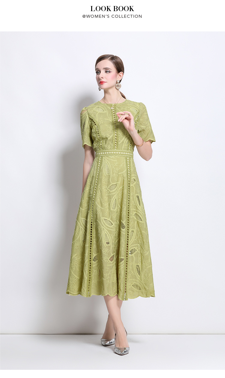 Đầm maxi nữ thắt eo cổ điển Pháp ren thêu họa tiết tay ngắn — màu đen, xanh nhạt, màu hồng, Xanh da trời nhạtcolor chi tiết 15
