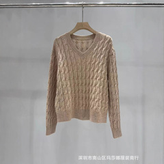 欧美南油2025秋冬新款V领麻花短款修身长袖女士毛衣上衣套头百搭