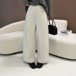 琪镌绘制半松紧阔腿裤女2026秋季新款通勤磨毛长裤宽松女裤26176