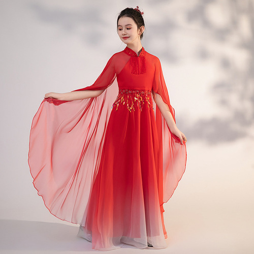 Girls' guzheng performance costumes, Chinese style super fairy guzheng performance chorus costumes, children's classical dance test performance costumes