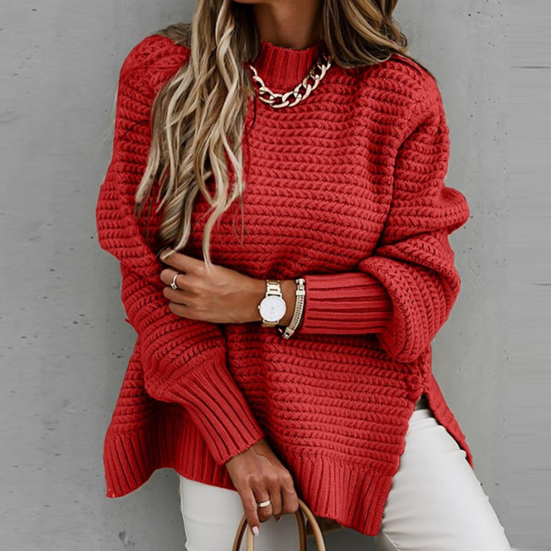 Suéter de punto grueso de manga larga con cuello medio alto, estilo casual, nuevo para Amazon 2025, con abertura lateral para mujer