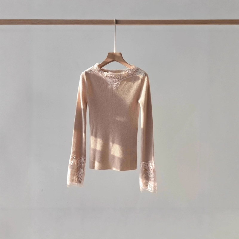 Warren Haute Couture Top Version Autumn/Winter New Thin Single Top Lace Off-Shoulder Elegant Versatile Cashmere Base Shirt