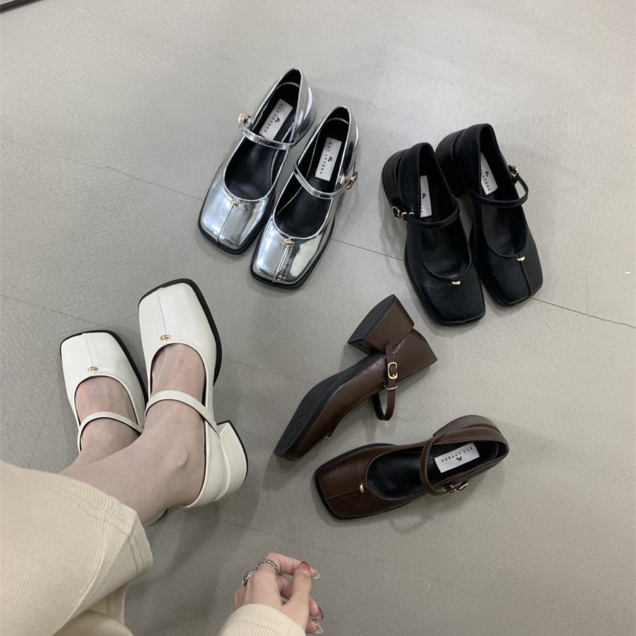 Leather Shoes Thick Heel High Heel Mary Jane Women's Shoes 2025 New Spring, Summer and Autum Elegant French Evening Shoes