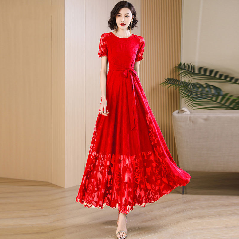 Summer Red Chiffon Dress Women's Long Ankle-Length 2025 New Extra Long Formal Occasion Floral Large Swing Skirt