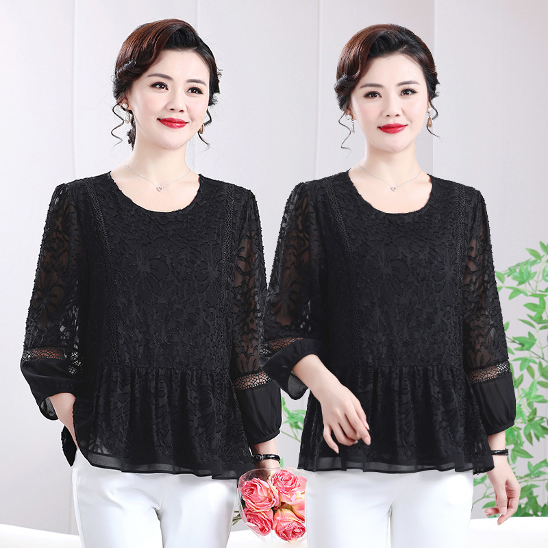 Motherly Style Versatile Fashionable Lace Top for Women, New Spring and Summer Style for Middle-Aged and Elderly, Stylish and Age-Reducing Thin Nine-Quarter Sleeve Blouse