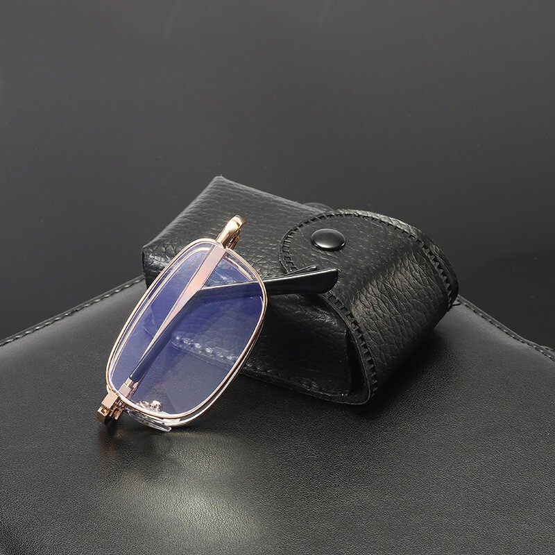 High-End Foldable Metal Small-Frame Reading Glasses for Men, High-Definition Eye-Protecting Glass Lenses, Reading Glasses with Case for Women