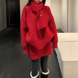 新年红色韩版加厚软糯针织衫短裙三件套秋冬围巾上衣半身裙套装女