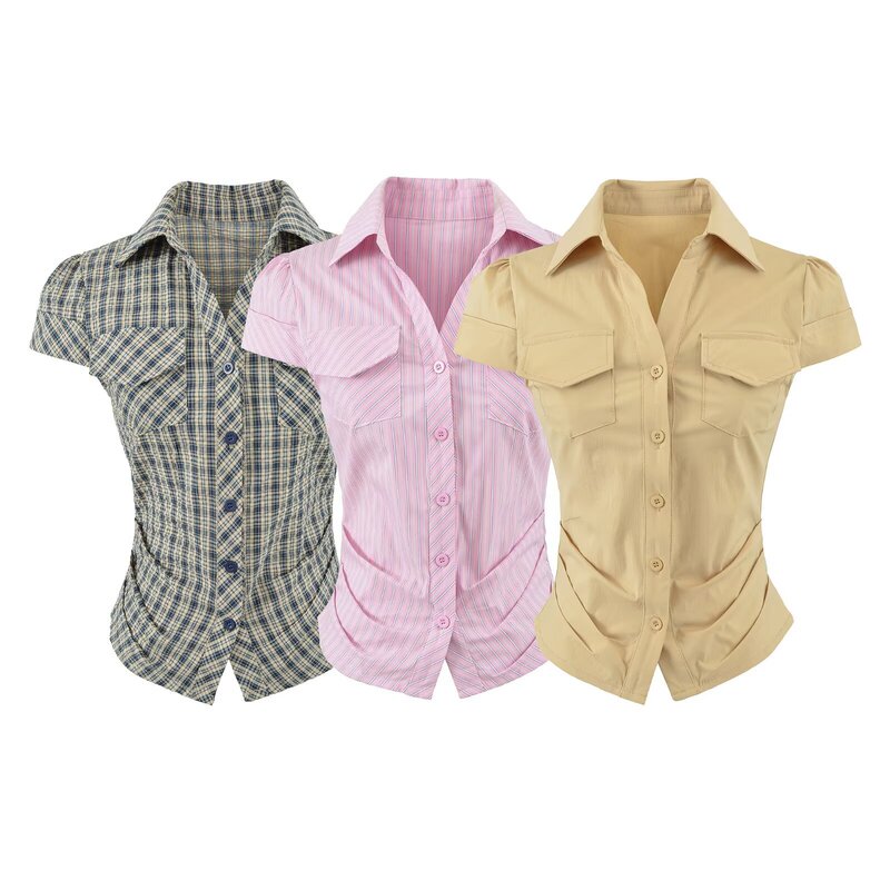 Summer Pink Striped Shirt with a Tailored Waist and Design Cut, Short-Sleeved Top for Women, Summer Pure Desire Style Slimming Top