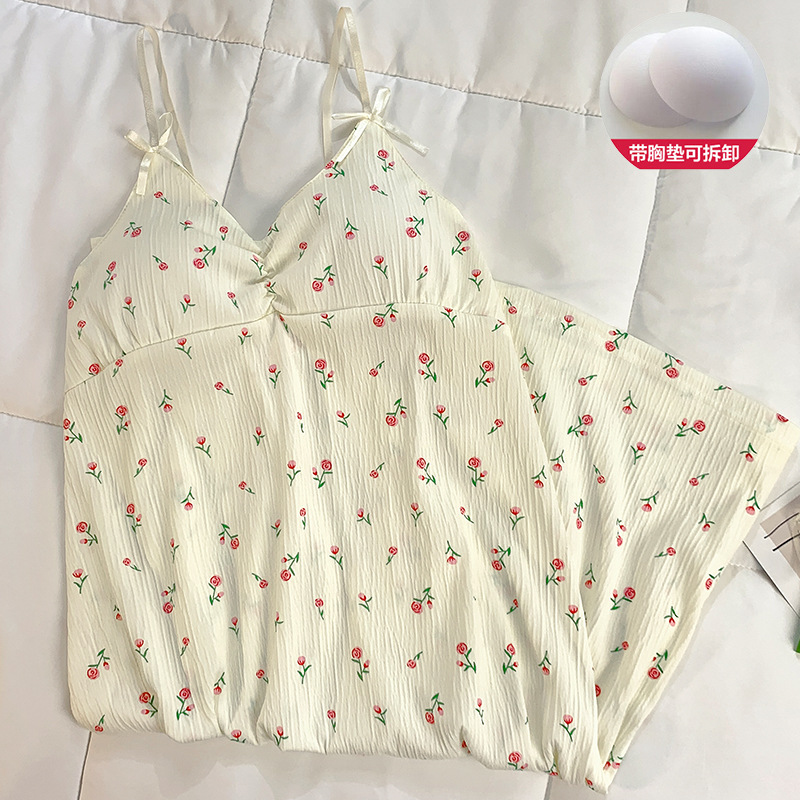 Camisón fino de algodón de imitación de verano, falda media para mujer, dulce, pequeña y fresca con almohadilla para el pecho, camisón para el hogar, comercio exterior al por mayor, Douyin