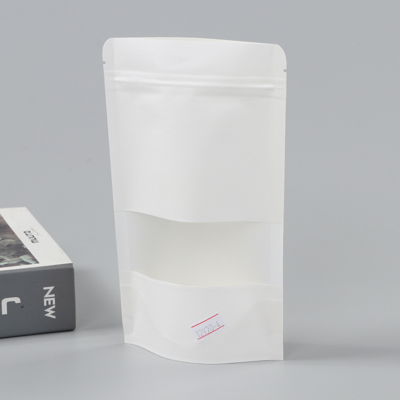 Spot bolsa de papel kraft con ventana transparente bolsa de embalaje de alimentos autosellada autoportante bolsa de té sellada de ocho lados fácil de rasgar