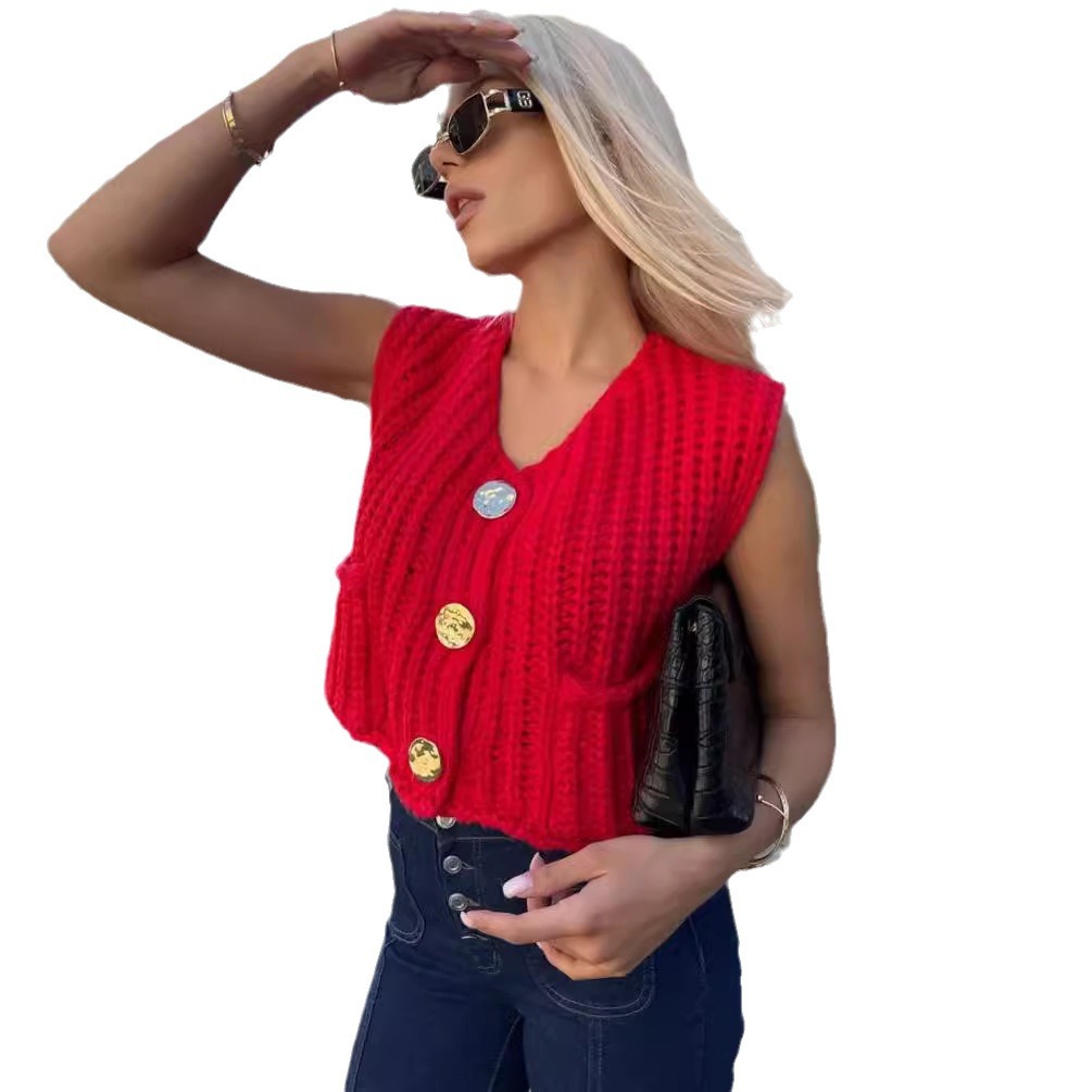 Női pulóver 2024 őszi és téli újdonság V-nyakú, zsebes, vastag tűszúrású ujjatlan kardigán kötött mellény női_voghion.com