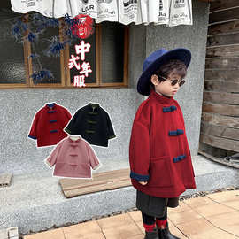 男童棉衣冬季2023新款女童中国风盘扣长款年装呢子大衣加厚呢外套