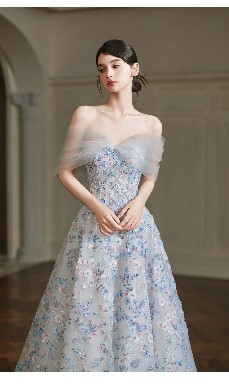 Đầm maxi nữ thêu hoa xanh cổ yếm dáng công chúa — Màu ảnh chi tiết 8