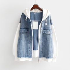 大码2-300斤假两件牛仔外套女宽松胖MM春秋开衫连帽棒球服上衣ins