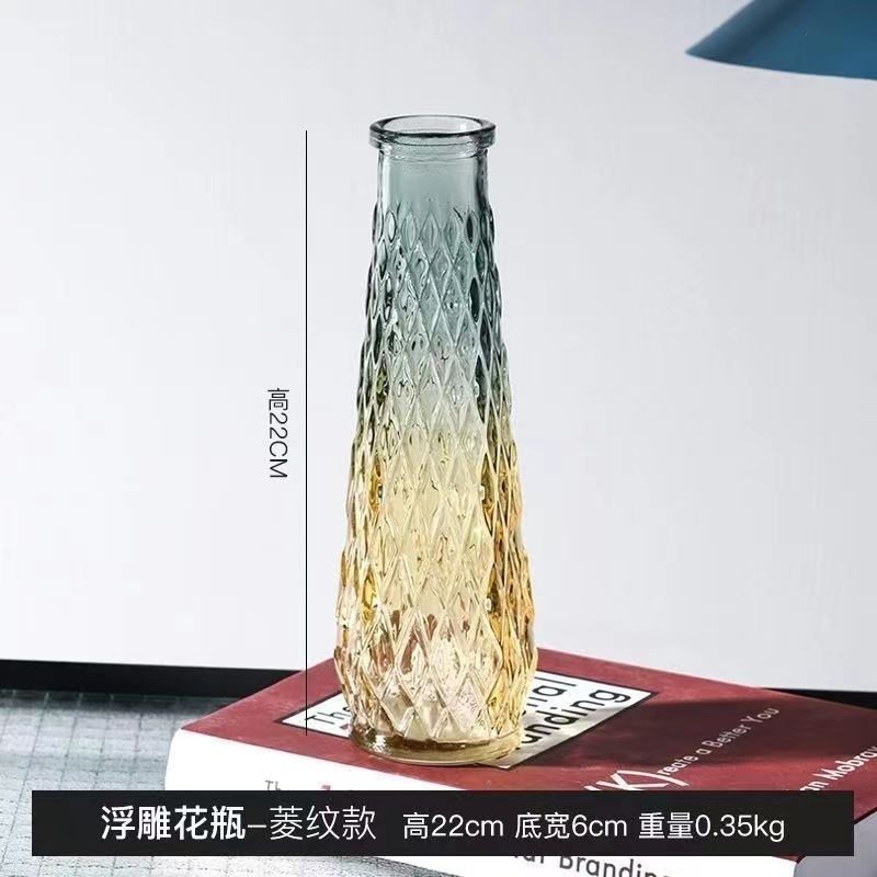 外国貿易卸売ライト高級ハイエンド小さな花瓶セットレトロレリーフフラワーアレンジメント装飾品透明ガラス花瓶|undefined