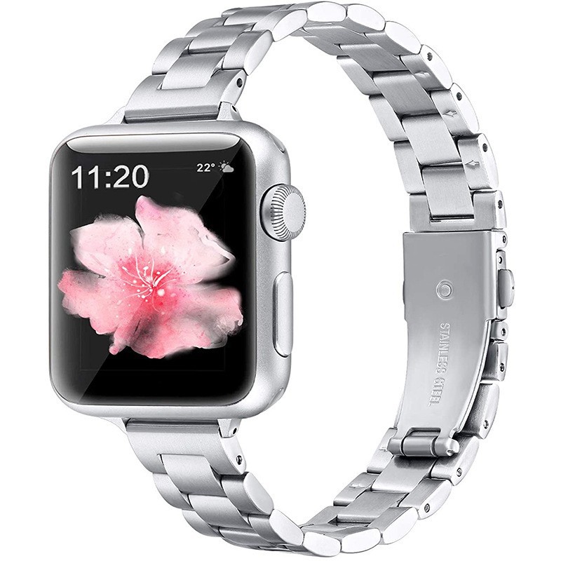 适用苹果不锈钢手表带apple Watch三珠表带实心钢带