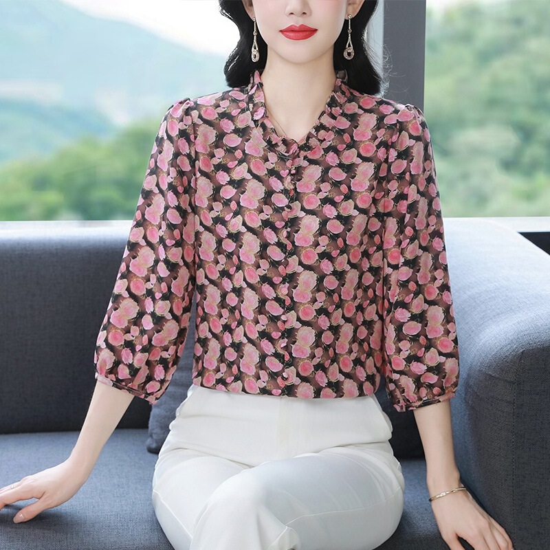 Genuine Silk Mulberry Silk Shirt for Women 2026 New Fashion Printed Top, Age-Reducing and Slimming, Middle-Aged Mom's Blouse Genuine Silk Mulberry Silk Shirt for Women 2026 New Fashion Printed Top, Age-Reducing and Slimming, Middle-Aged Mom's Blouse