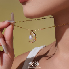方糖 欧美风满钻锆石月亮吊坠项链耳环 八芒星耳钉不锈钢首饰套装