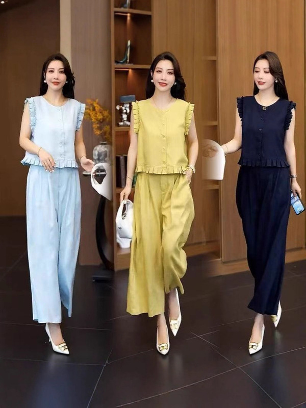 大码时尚套装女2025夏季新款洋气显瘦短袖上衣阔腿裤休闲两件套潮|undefined