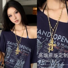 复古金色十字架吊坠项链女款千禧辣妹风长款毛衣链小众设计感颈链