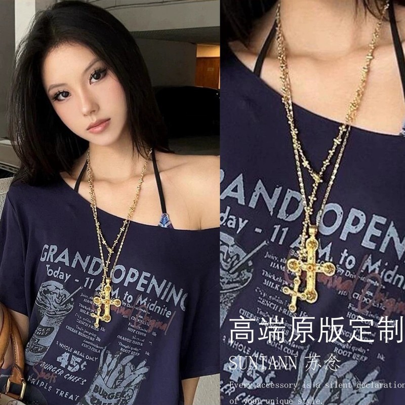 复古金色十字架吊坠项链女款千禧辣妹风长款毛衣链小众设计感颈链|undefined