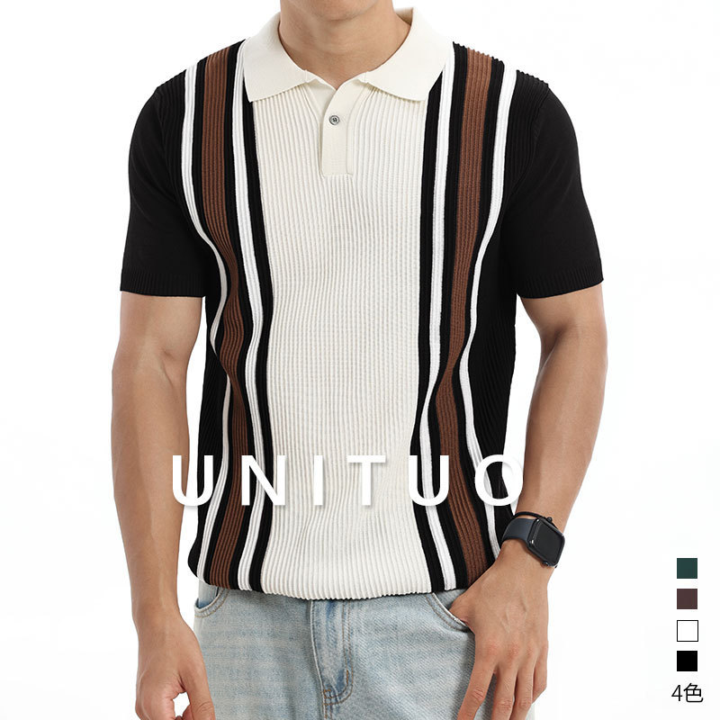 European and American Cross-Border Summer Men's Vertical Striped Knit Ice Silk Polo Textured Short-Sleeve Business Casual Men's Polo Shirt European and American Cross-Border Summer Men's Vertical Striped Knit Ice Silk Polo Textured Short-Sleeve Business Casual Men's Polo Shirt
