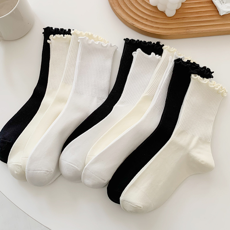 Cotton Wood Ear Stacked Socks Women's Summer Thin Mid-length Socks Sweat Absorbing Ruffled Spring and Autumn Long Tube White Women's Socks