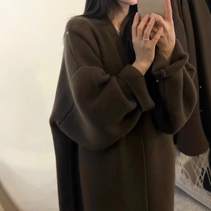 秋冬纯色慵懒过膝宽松大衣大版外套高级显瘦针织开衫毛衣女中长款|undefined