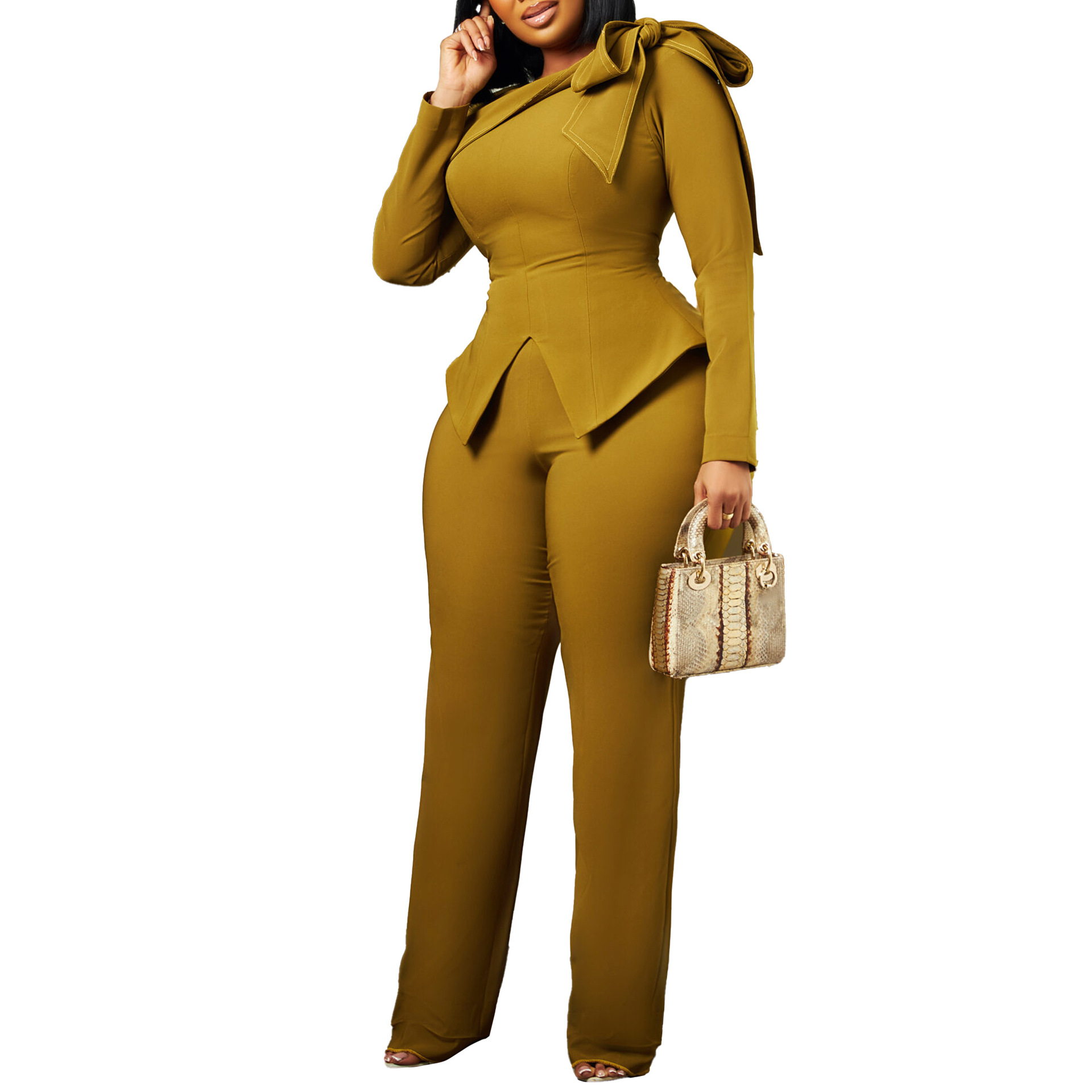 Women's Pant Sets Solid Colour Long Sleeve Co-ord Two Piece Outfit_voghion.com