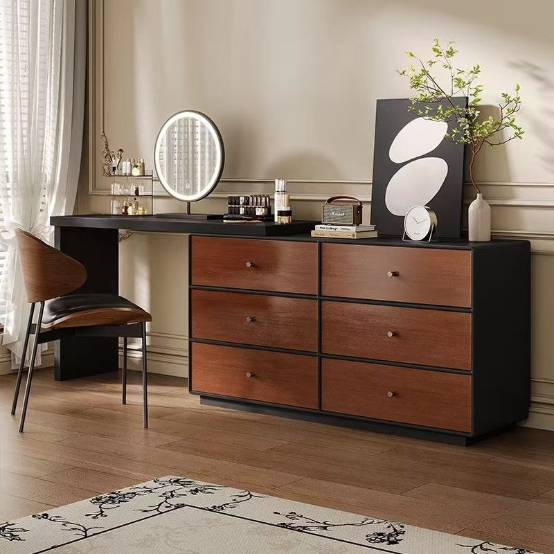 Solid Wood Mid-Century Style Dressing Table and Cupboard Integrated Ready-Made Bedroom Walnut Wood Grain Dressing Table Dressing Table Storage Cabinet