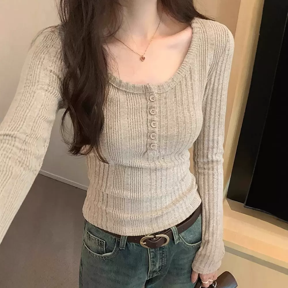 美式复古U领修身显瘦长袖T恤女2025秋冬新款坑条短款百搭针织上衣