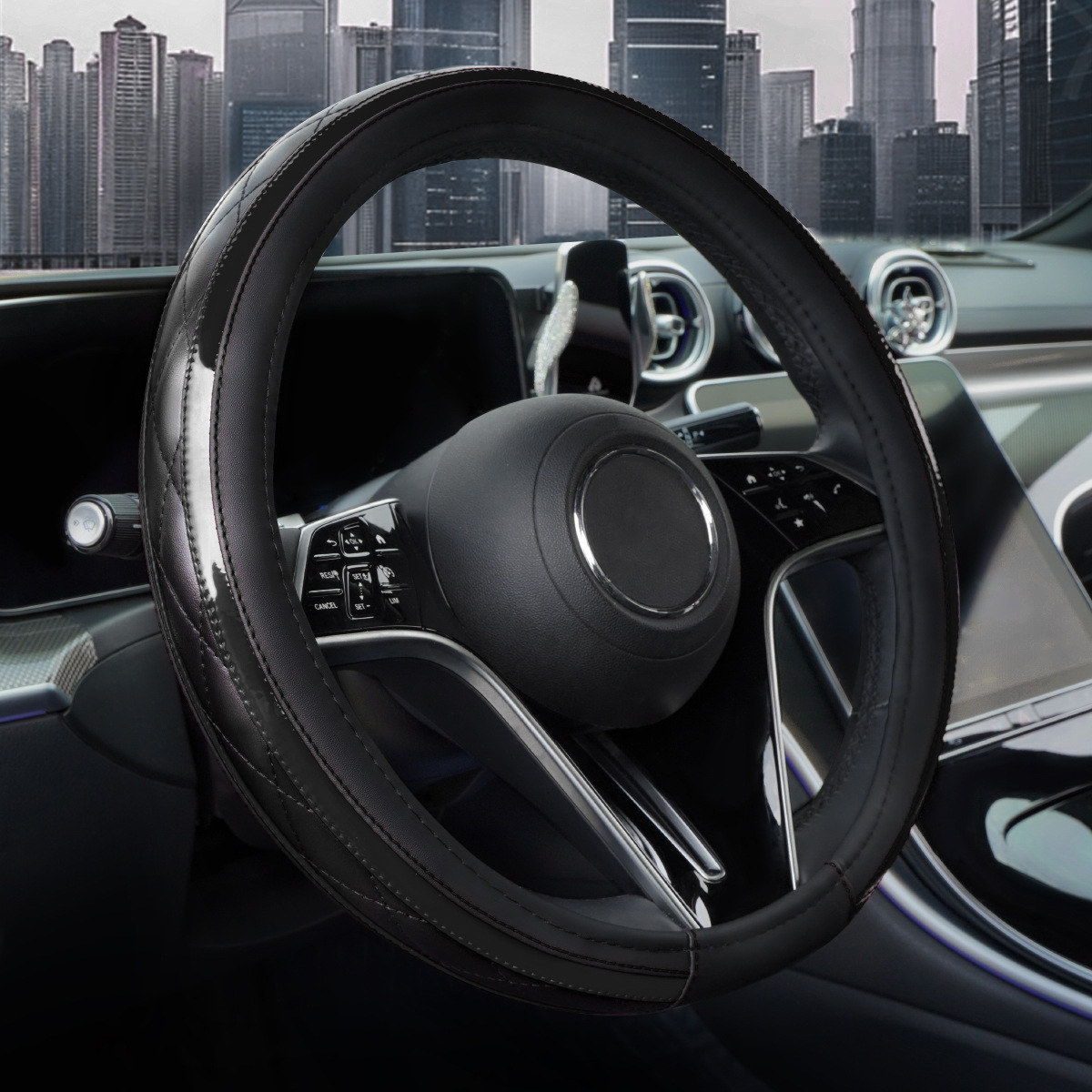 New Car Steering Wheel Cover, Leather Quilted Embroidery Stitching, Universal for All Seasons, Cross-Border Hot-Selling Interior Steering Wheel Protective Cover