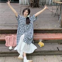 文艺女式套装夏季日韩气质宽松短袖中长款格子衬衫+内搭白色长裙