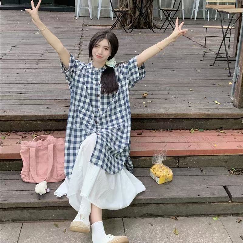 文艺女式套装夏季日韩气质宽松短袖中长款格子衬衫+内搭白色长裙