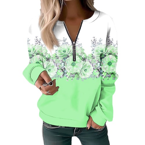 Wholesale European and American Women's Printed V-Neck Long-Sleeve Loose-Fit Zip-Up Sweater
