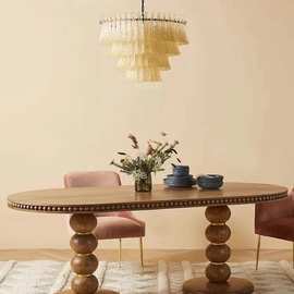 美式白橡实木椭圆长餐桌书桌罗马柱圆桌茶几简约法式童话复古可J&