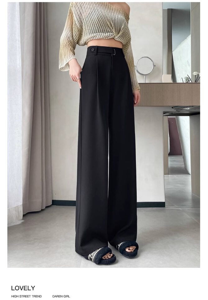 Quần ống rộng nữ cạp cao ống thẳng vải dệt mềm rũ, phong cách công sở — Mẫu thông thường màu xám (khuyến nghị 160cm trở lên), Mẫu thông thường màu đen (khuyến nghị 160cm trở lên), Người đàn ông nhỏ màu xám (khuyến nghị dưới 158cm), Người đàn ông nhỏ màu đen (đề nghị dưới 158cm) chi tiết 29