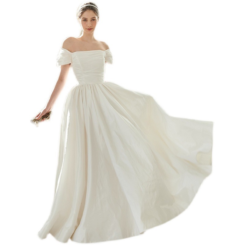 Elegante abito da sposa vintage leggero con spalle scoperte, semplice abito da fidanzamento/registrazione, abito da viaggio per servizi fotografici per donne minute_voghion.com