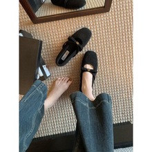 羊皮版~复古毛呢圆头平底玛丽珍鞋女一字带山茶花蝴蝶结加绒单鞋