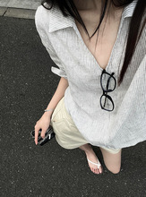亚麻撞色条纹长袖翻领衬衫女夏季2025新款宽松显瘦通勤韩版上衣潮