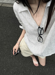 リネンコントラストストライプ長袖ラペルシャツ女性のための夏の 2025 新しいルーズ痩身通勤韓国スタイルトップトレンディ